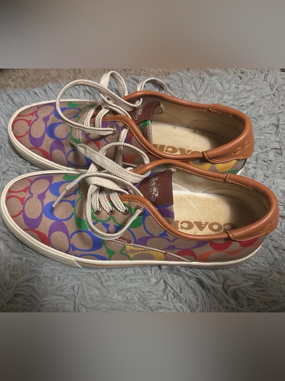 Coach Multicolor Signature Canvas Lace-Up Sneakers with Tan Trim